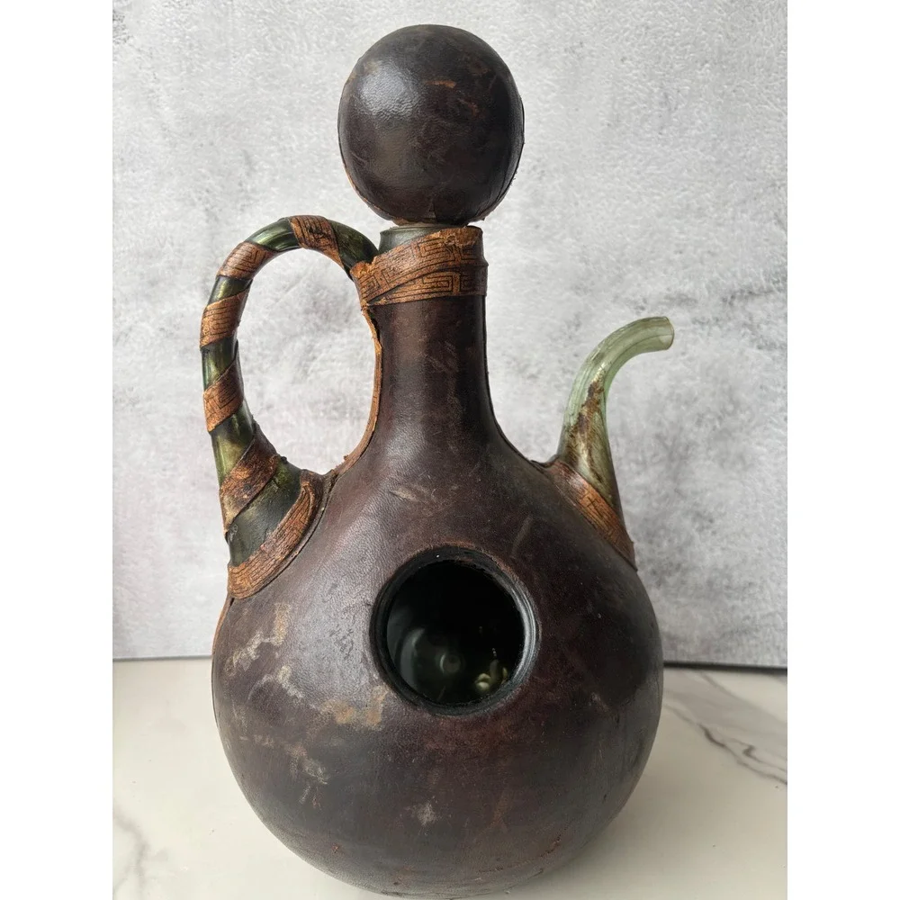 Vintage Leather Wrapped Glass Decanter Spanish Wine Bottle EMPTY